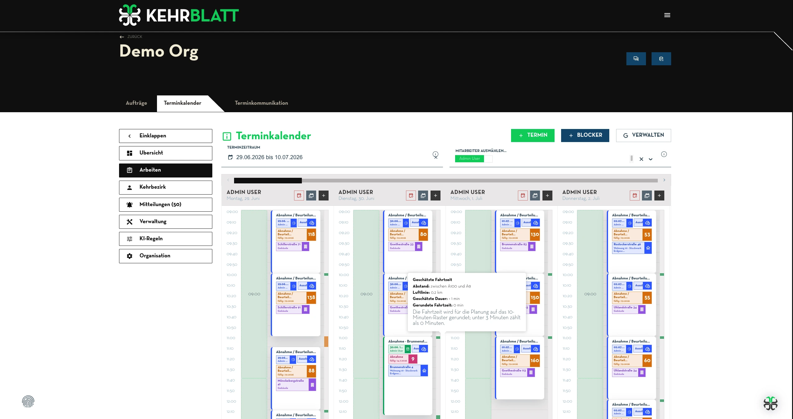 KehrBlatt Terminkalender mit geplanten Auftragsterminen und Fahrzeit-Hinweis