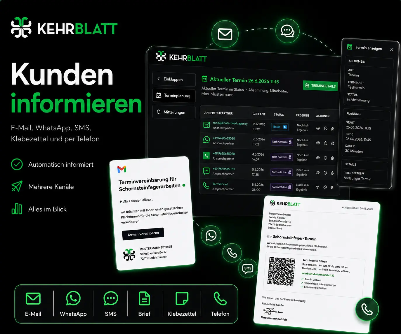 KehrBlatt Kundeninformation über E-Mail, WhatsApp, SMS, Brief, QR-Code und Telefonassistenz