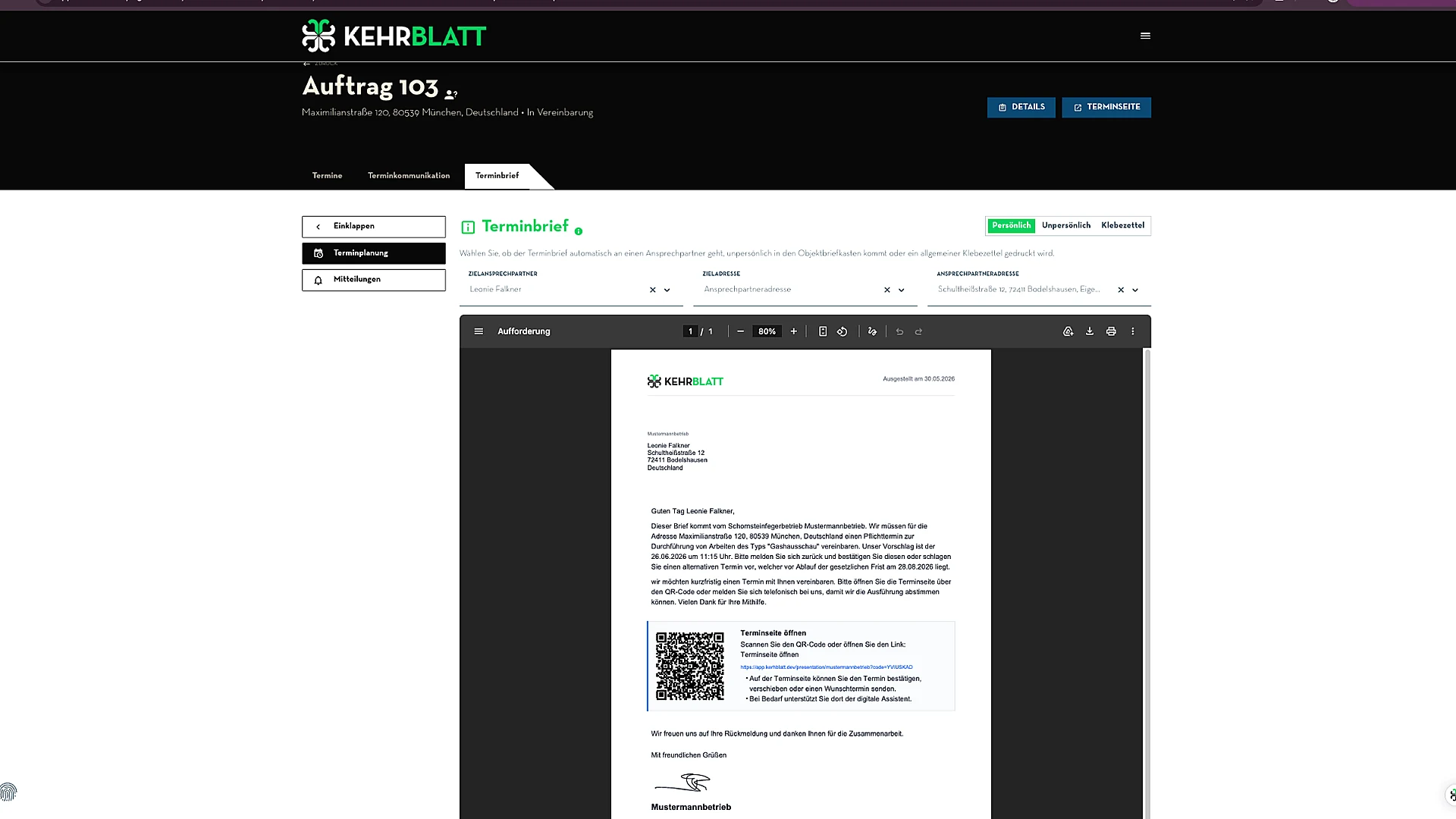 Terminbrief mit QR-Code zur Terminseite