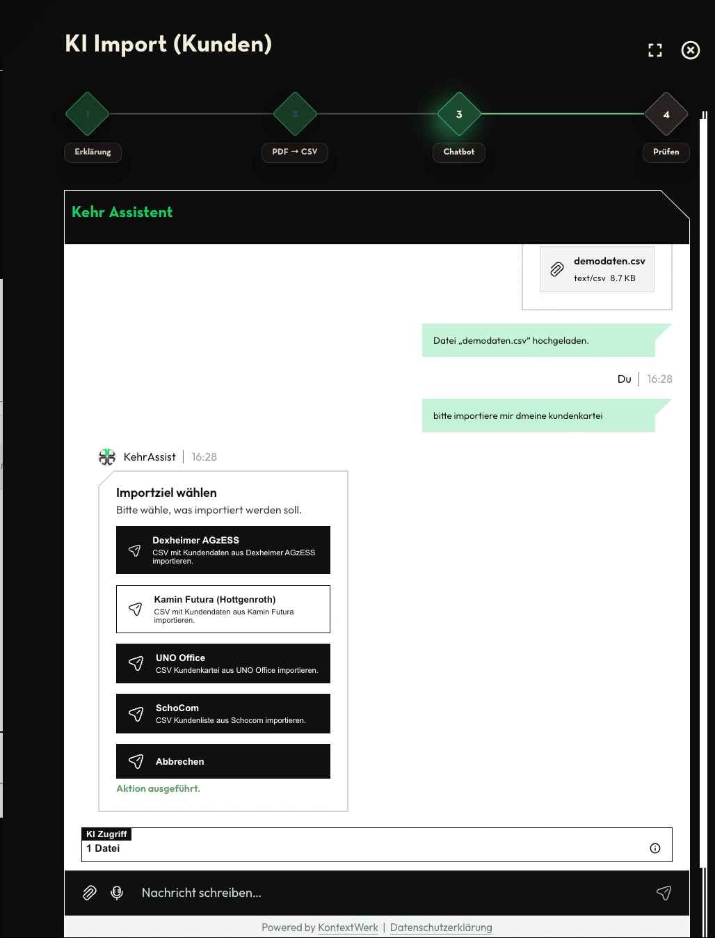 KI-Import: Auswahl des Importziels für Kundendaten