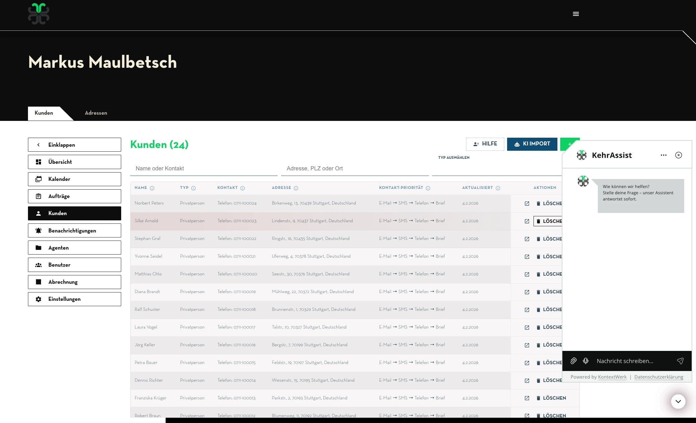 Kundenübersicht: Importierte Kunden mit Kontaktprioritäten