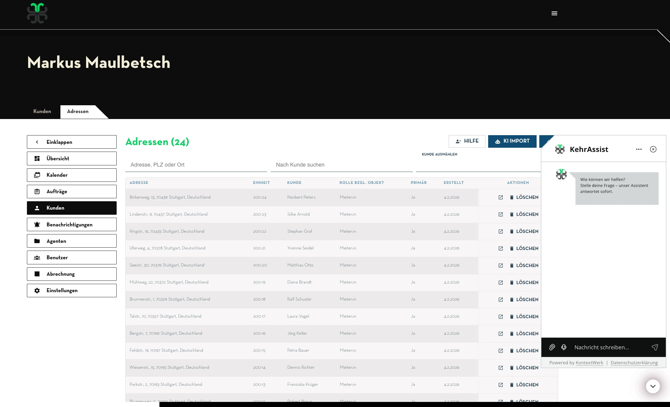 Adressübersicht: Importierte Kundenadressen mit Objektrollen