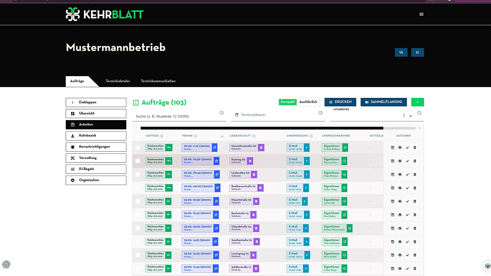 KehrBlatt Auftragsübersicht mit geplanten Terminen und Kontaktstatus