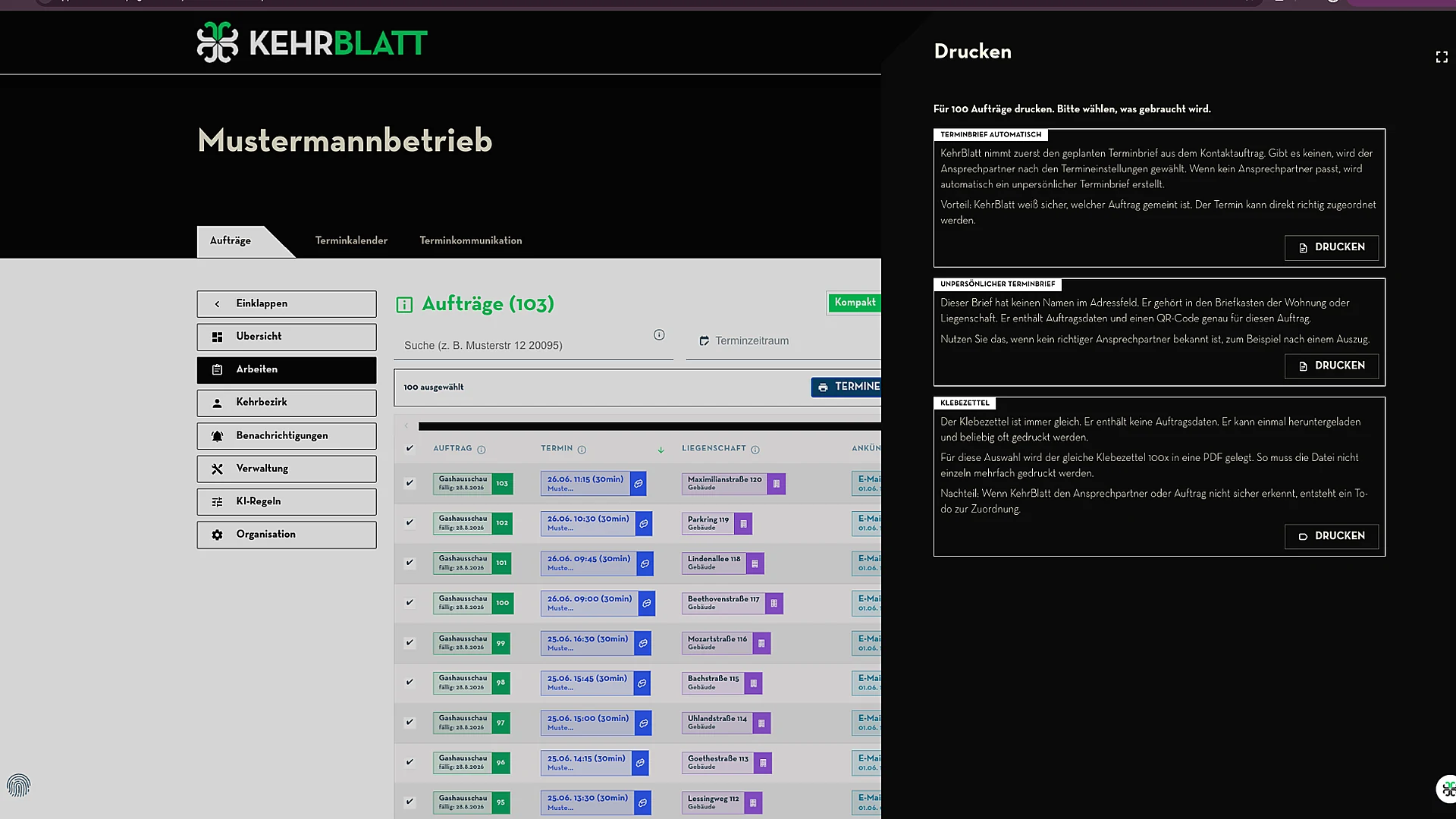 Druckdialog für Terminbriefe, individuelle Briefe und Klebezettel
