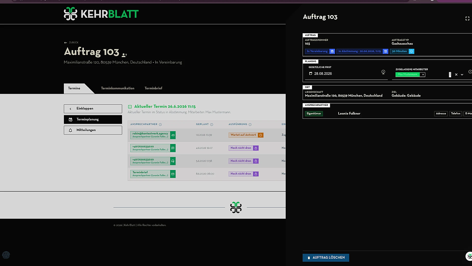 Auftragsdetails mit Ansprechpartner, Terminstatus und Kontaktwegen
