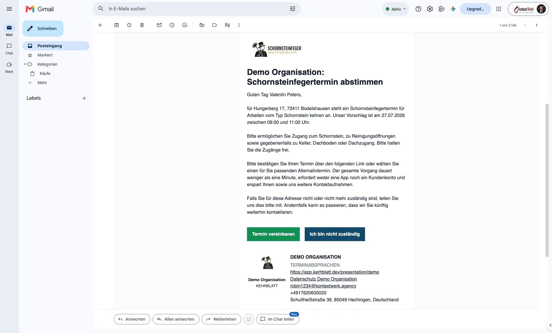 E-Mail mit Terminvorschlag und Link zur Terminvereinbarung