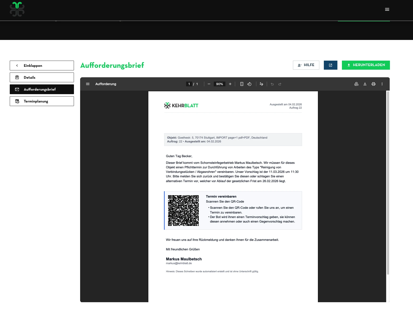 Aufforderungsbrief: Automatisch generiertes Schreiben mit QR-Code zur Terminvereinbarung
