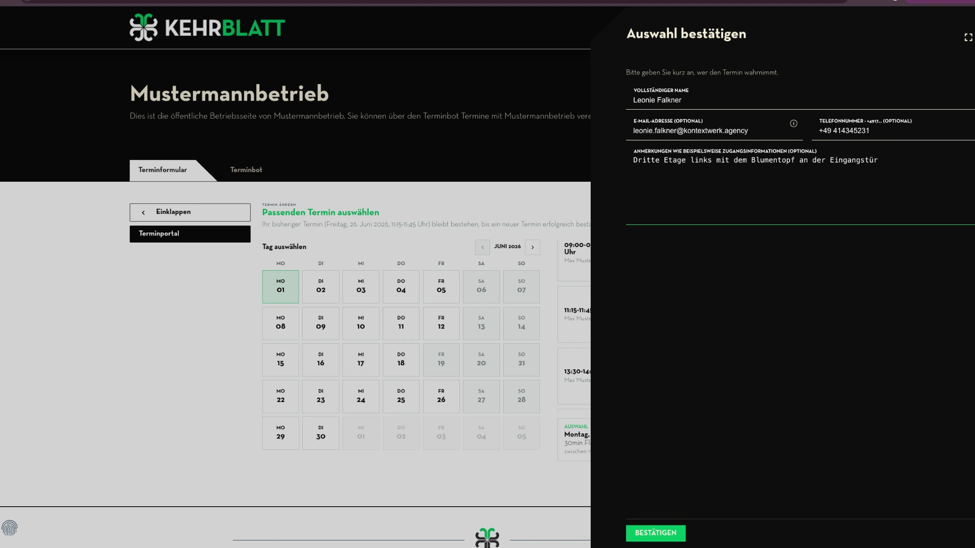 Terminportal Dialog zur Bestätigung der Terminauswahl mit Kontaktdaten