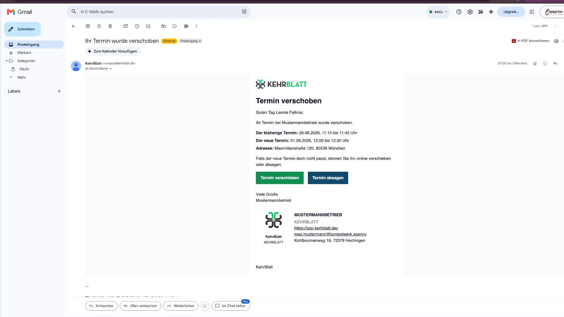 E-Mail-Bestätigung nach einer Terminverschiebung