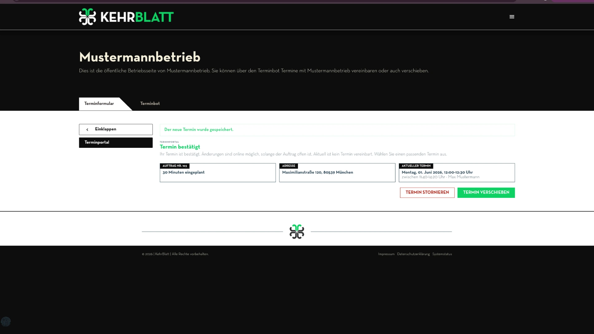 Bestätigter Termin im Terminportal mit Optionen zum Stornieren oder Verschieben