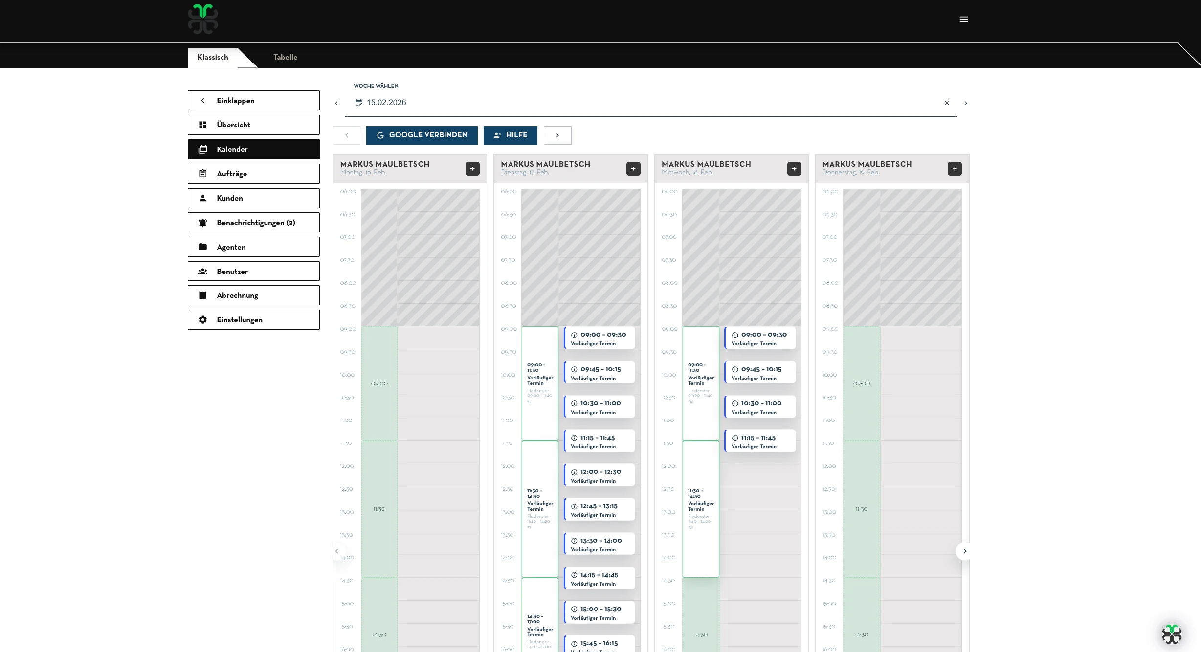 Auftragsübersicht: Ergebnis des Batchuploads mit gefilterten Aufträgen und Status In Vereinbarung