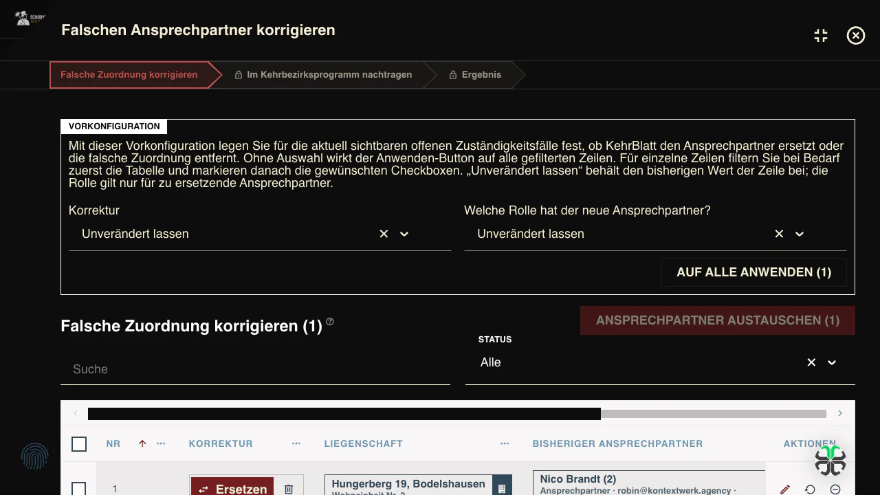 Workflow zum Ersetzen oder Entfernen falsch zugeordneter Ansprechpartner