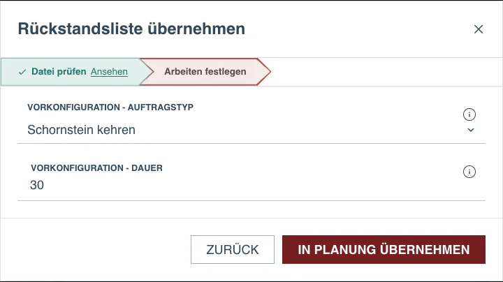 ISI-Import: Schornstein kehren und 30 Minuten als gemeinsame Vorkonfiguration