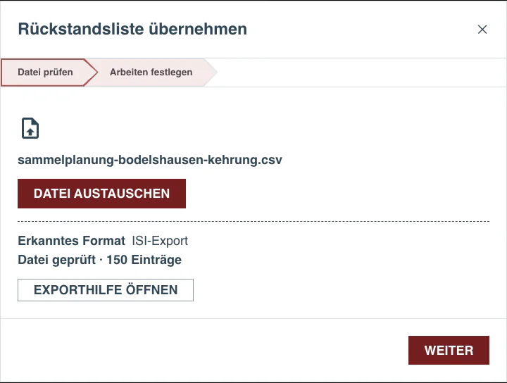 Rückstandsliste prüfen: ISI-Export automatisch erkannt und 150 Einträge validiert