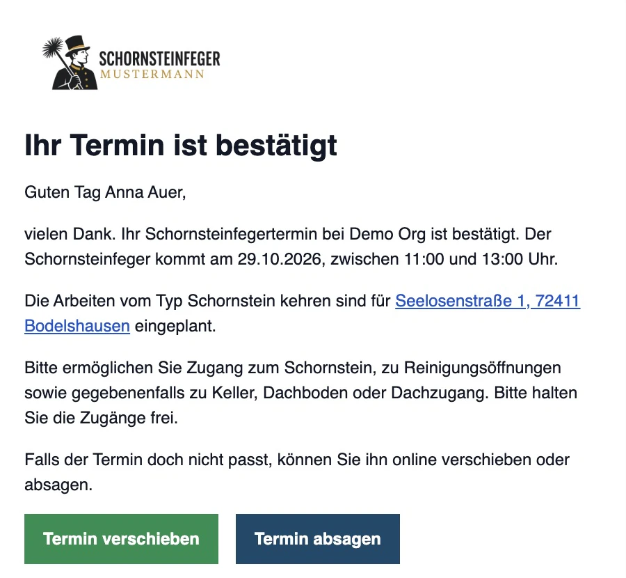 In Gmail empfangene E-Mail zum neu bestätigten Alternativtermin