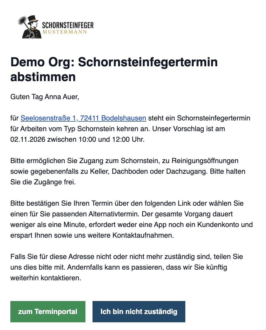 E-Mail mit Terminvorschlag und Link zur Terminvereinbarung