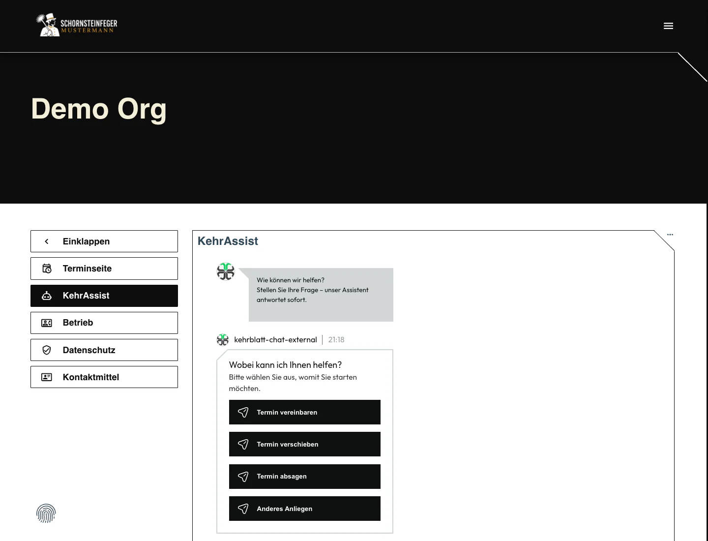 KehrAssist im Kundenportal mit Optionen zum Vereinbaren, Verschieben oder Absagen