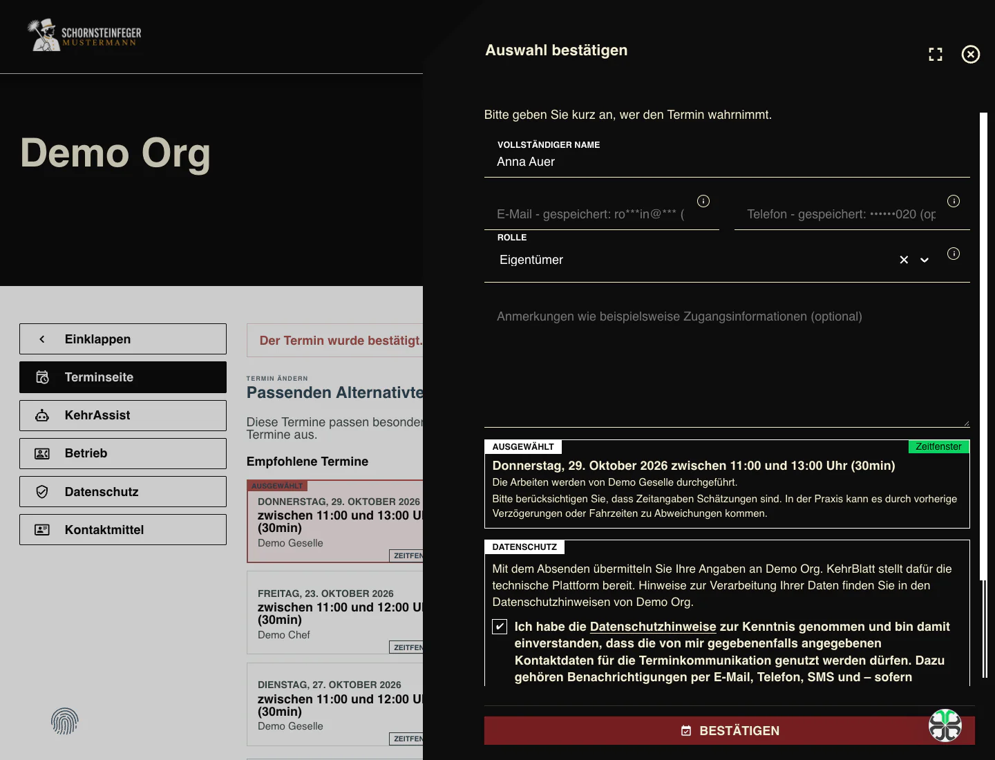 Terminportal Dialog zur Bestätigung der Terminauswahl mit Kontaktdaten