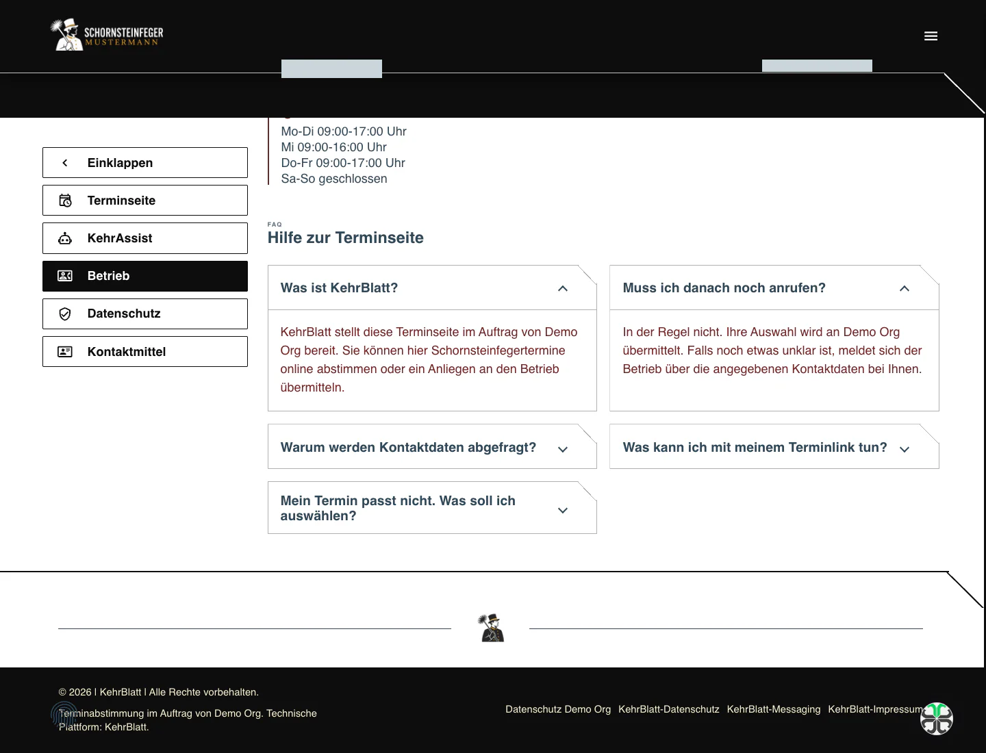 Betriebsinformationen im Terminportal mit Kontakt- und Öffnungszeiten