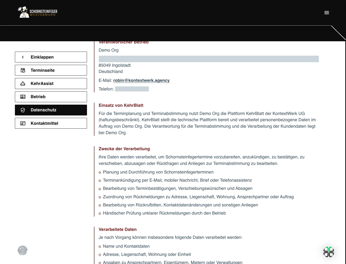 Datenschutzhinweise im Terminportal zur Terminabstimmung