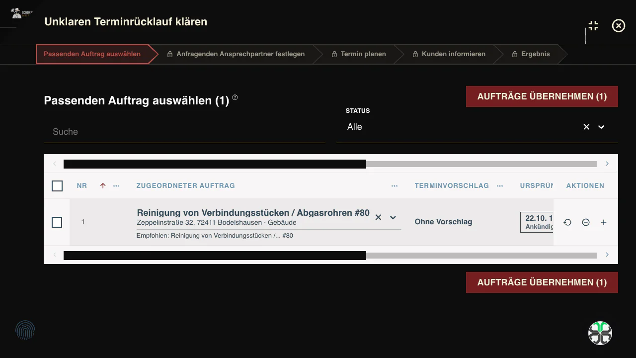Workflow zum Klären unklarer Terminrückmeldungen und Zuordnen passender Aufträge